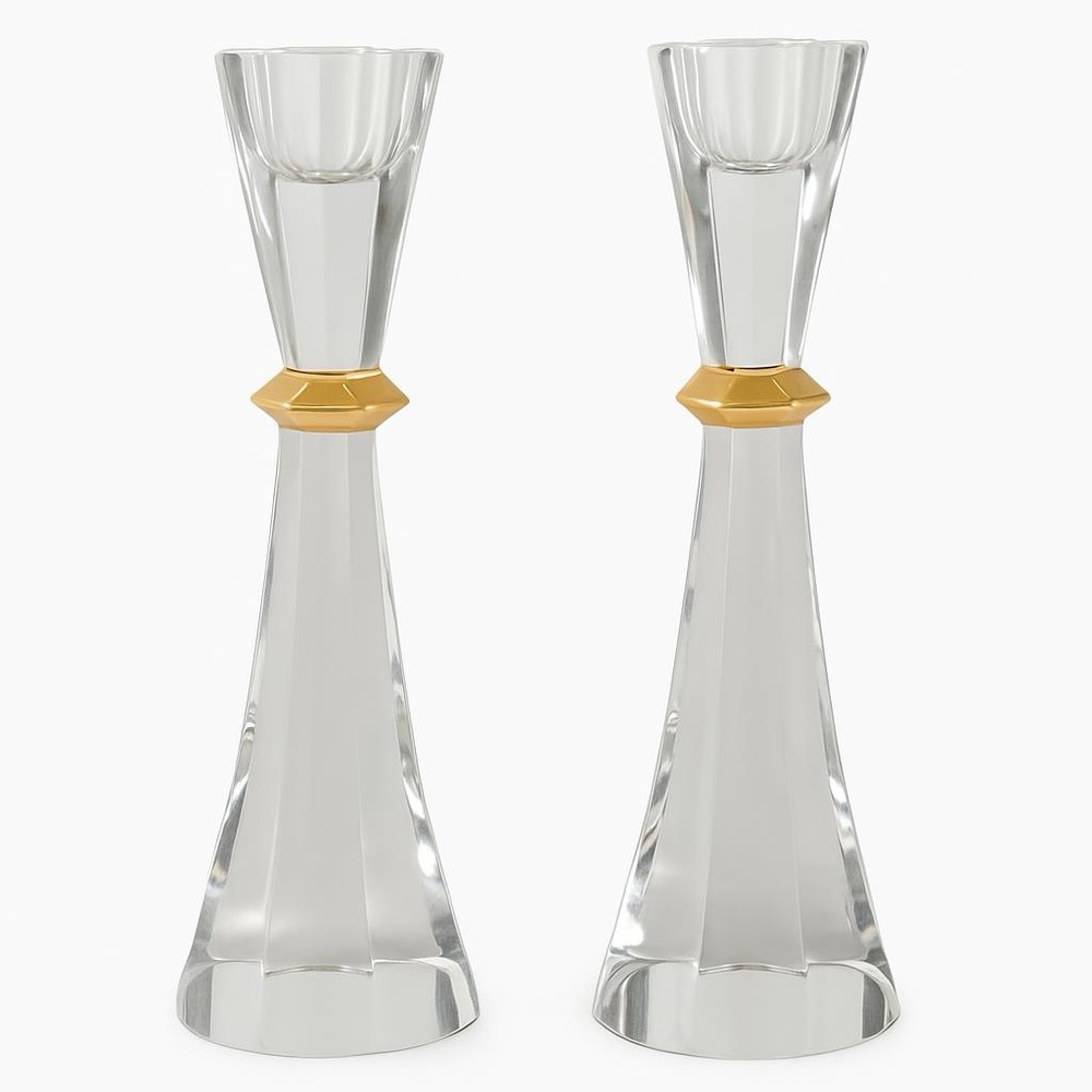 Elegant Faberge Crystal Candle Holders with Gold Accent